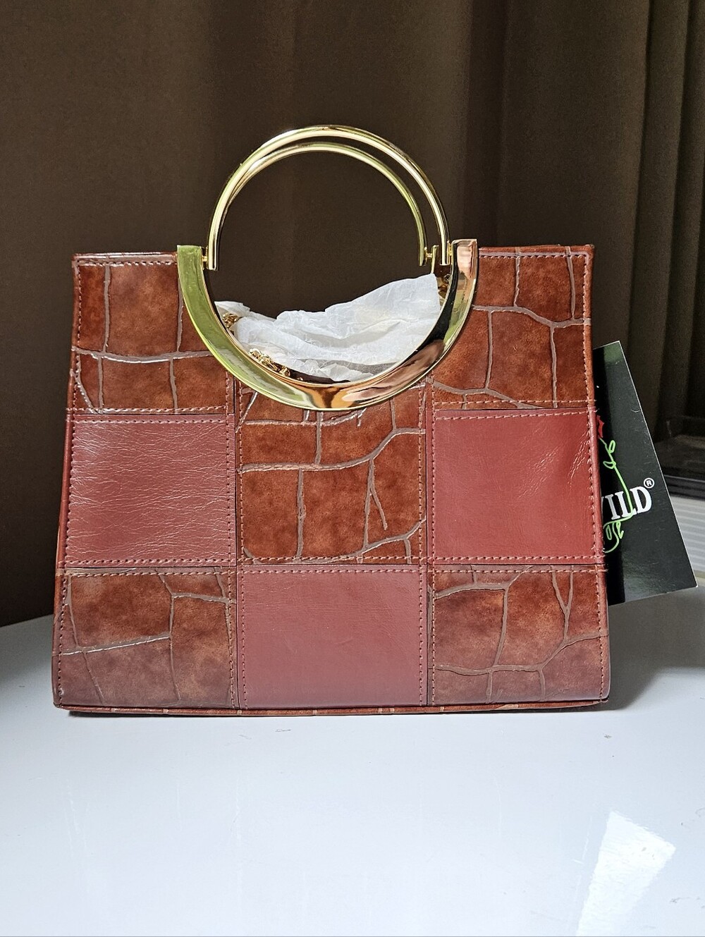 NWT Wild Rose Patchwork Faux Leather Croc-Embossed Handbag - Brown & Red